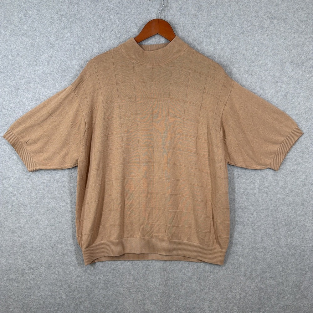 Paul Fredrick Sweater Mens L Silk Mock Neck Short Sleeve Grid Pattern Brown